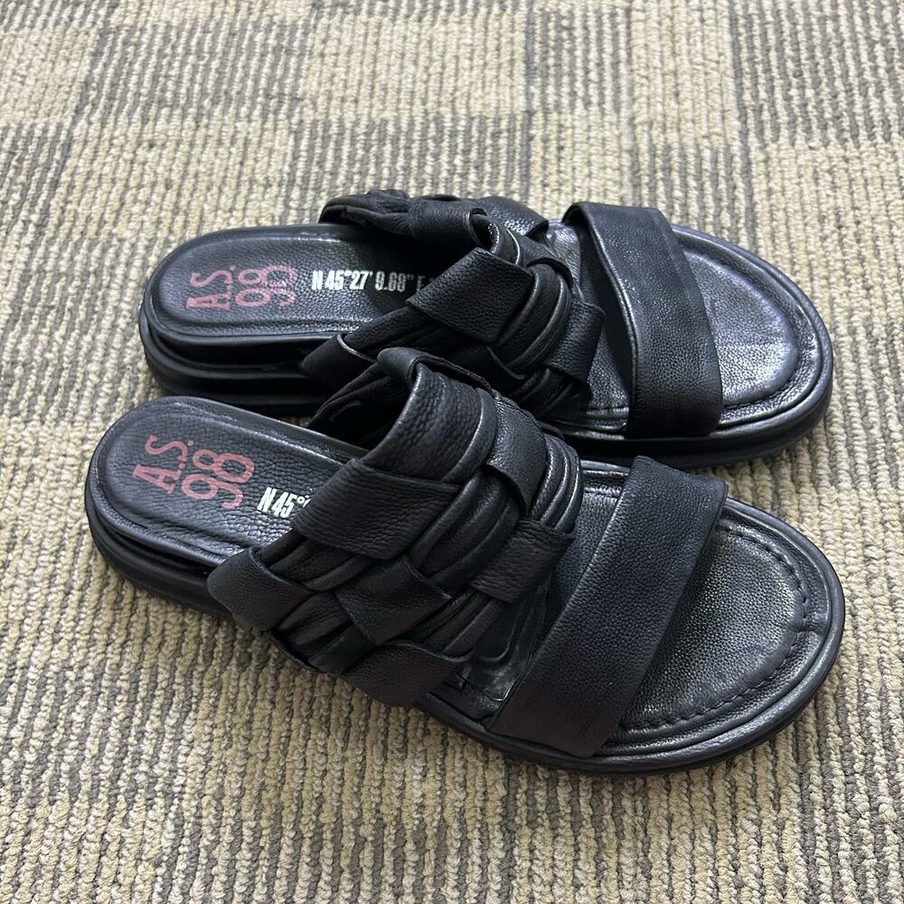 A.S. 98 Black Soft Leather Braided Strap Slide On Sandals Womens Euro 36